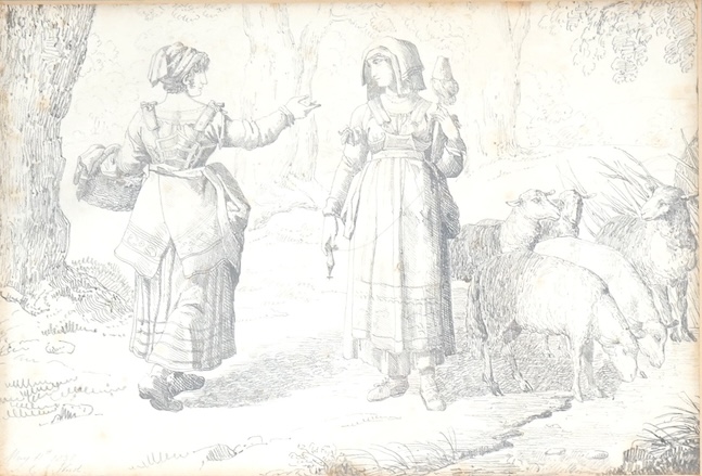 19th century, English School, pencil sketch, Shepherdesses and sheep, inscribed May 11th 1830, indistinctly signed, 16 x 23cm